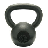 A sleek black kettlebell resting on a stark white background, highlighting its fitness equipment features.